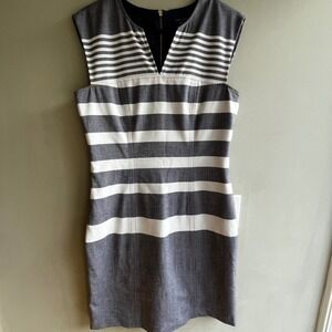 Women’s Dress Sheath Striped Gray White Sleeveless Career Chic ClassicCore SZ 8